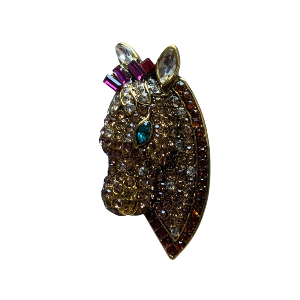 Vintage Style Rhinestone Horse Head Brooch Gold Tone Equestrian Crystal Pin